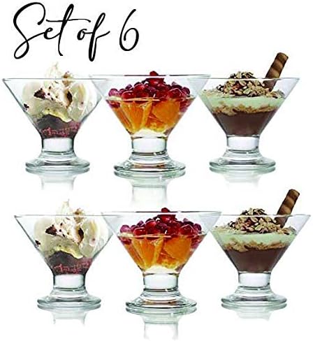 Vikko קערות קינוח גלידה ברגל זכוכית צלולית | עבור קרח, פודינג, פירות ועוד - 5.5 כוסות קינוח אונקיה - סט של 6 מנות הגשת זכוכית
